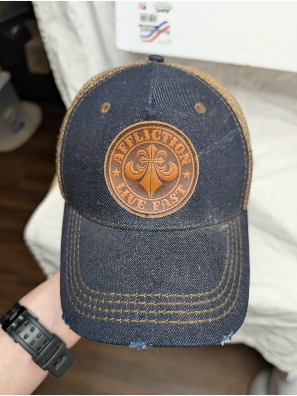 Affliction Live Fast Trucker Hat Denim Blue Brown Mesh Snapback Grunge Cap